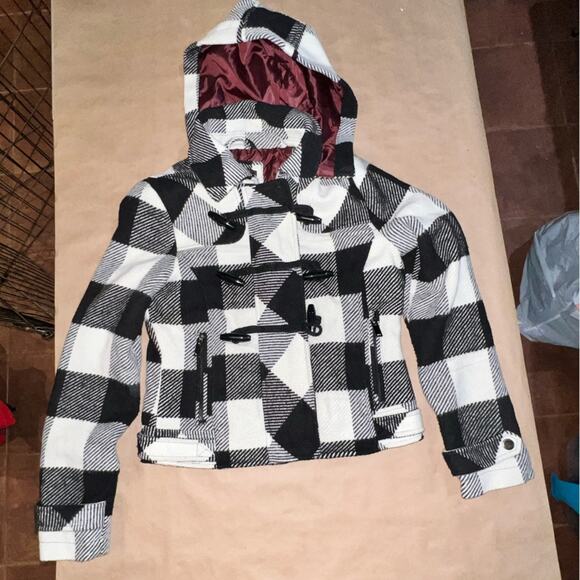 Dollhouse Outerwear Hood Coat Plaid Black white purple liner Maude size Medium - Picture 7 of 8